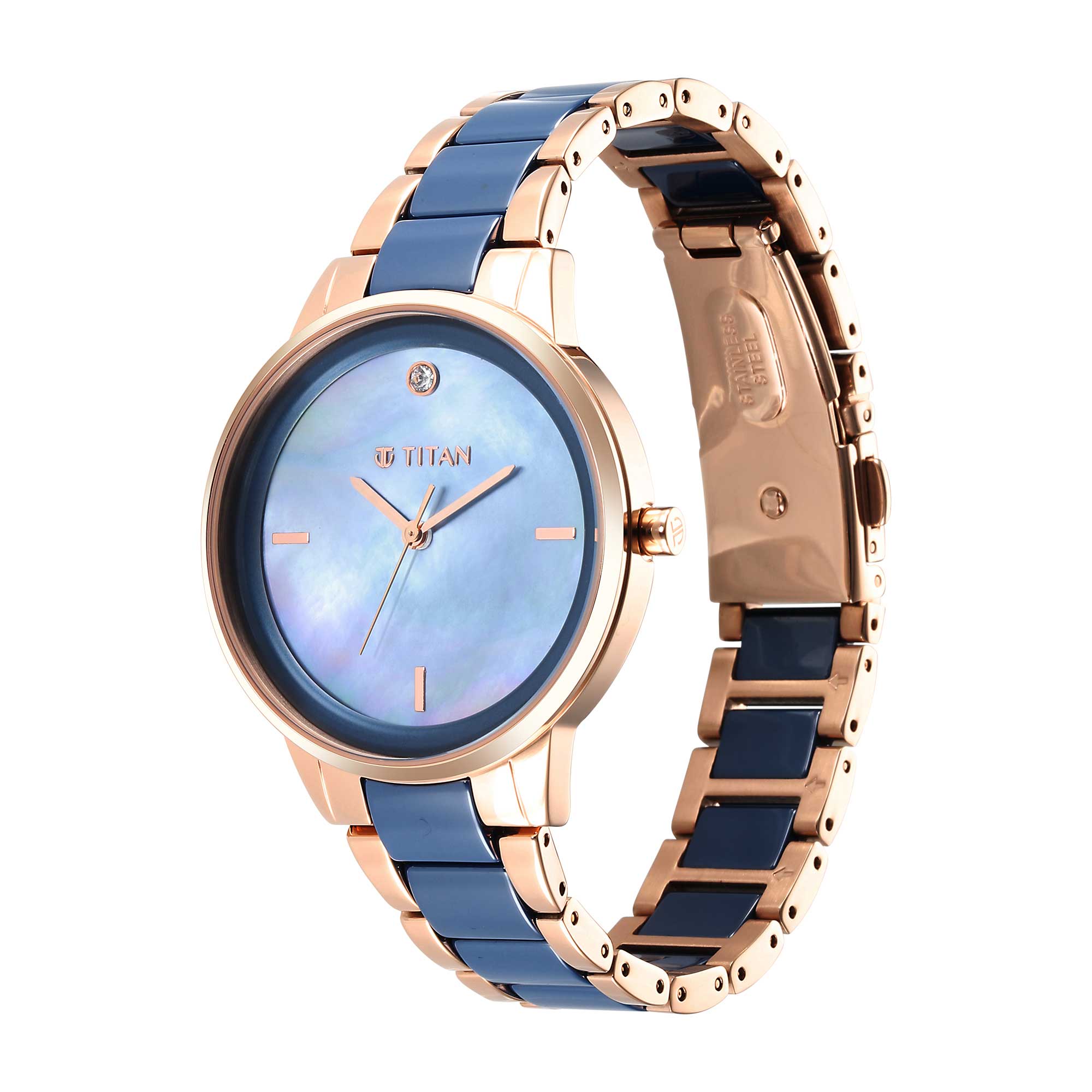 Titan Purple Ceramics Blue Dial Analog Steel and Ceramic Strap watch for Women