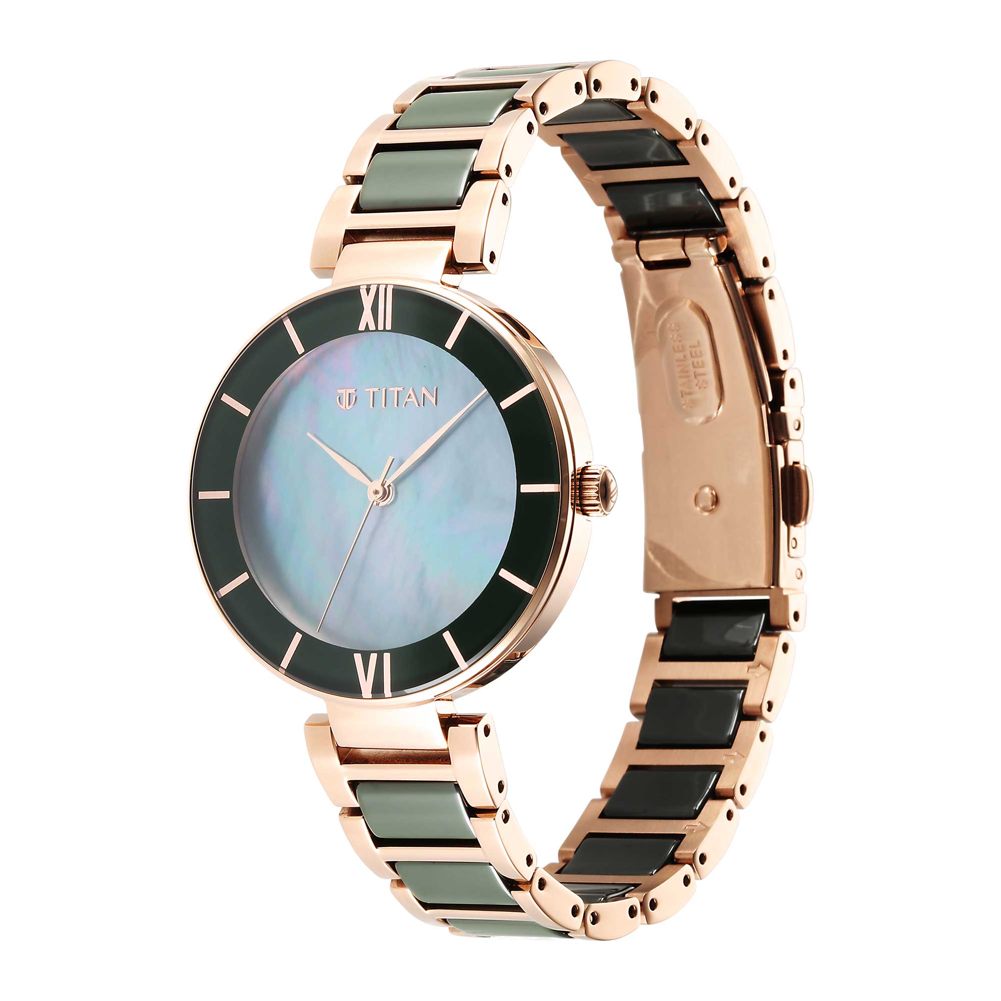 Purple Ceramics Green Dial Steel & Ceramic Strap Watch for Women