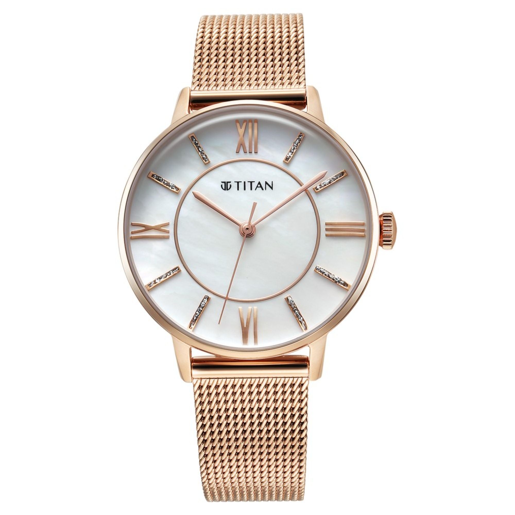 Titan TGIF Quartz Analog Mother Of Pearl Dial Rose Gold Stainless Steel Strap Watch for Women