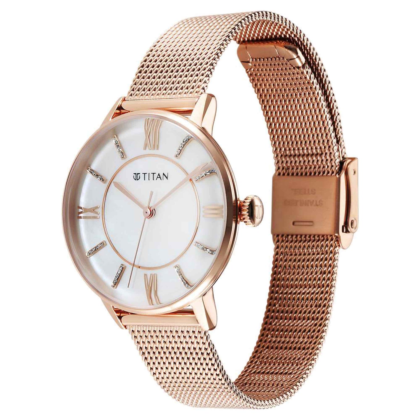 Titan TGIF Quartz Analog Mother Of Pearl Dial Rose Gold Stainless Steel Strap Watch for Women