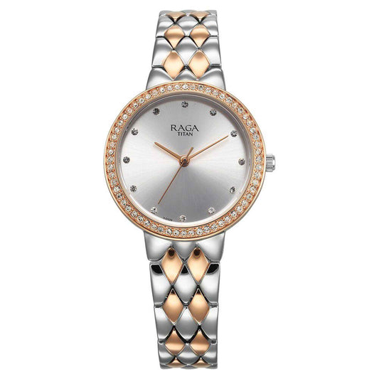 Titan Raga Showstopper Quartz Analog Silver Dial Metal Strap Watch for Women